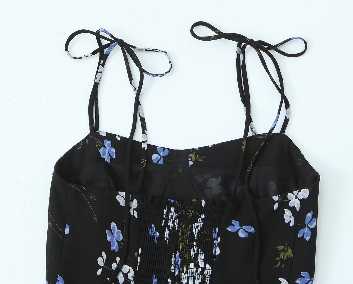 Spring French Vintage Floral Printed High Waist Sexy Side Split Hem Sling Dress by Ragazza