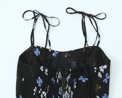Spring French Vintage Floral Printed High Waist Sexy Side Split Hem Sling Dress by Ragazza