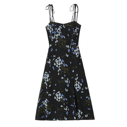 Spring French Vintage Floral Printed High Waist Sexy Side Split Hem Sling Dress by Ragazza