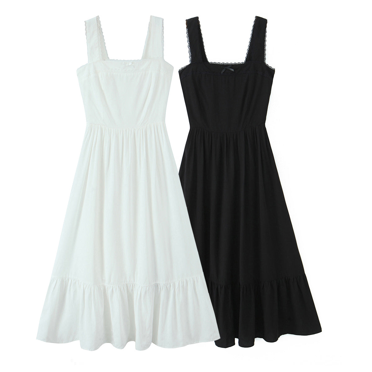 Spring Solid Color Square Collar Bow Embellished Lace Strap Dress by Ragazza