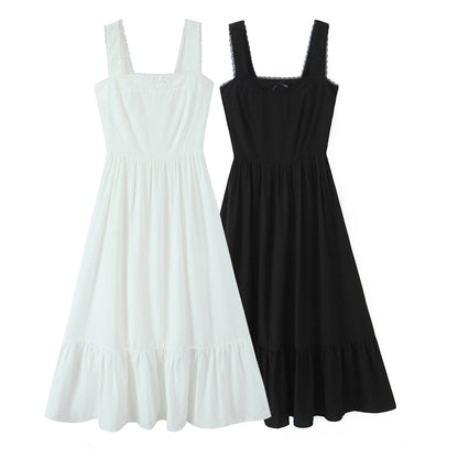 Spring Solid Color Square Collar Bow Embellished Lace Strap Dress by Ragazza