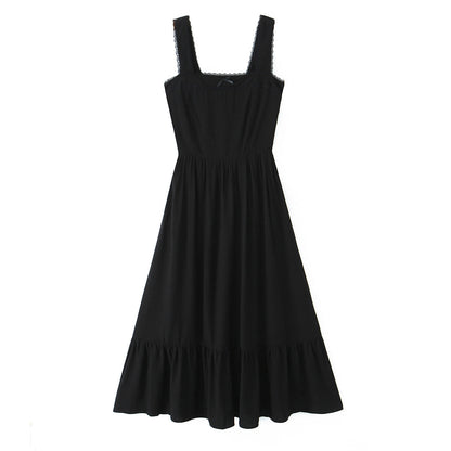 Spring Solid Color Square Collar Bow Embellished Lace Strap Dress by Ragazza