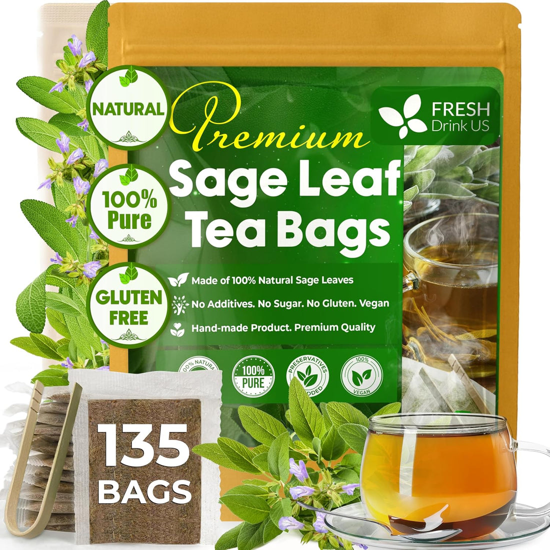 Sage Leaf Tea Bags, 100% Natural &amp; Pure from Sage Leaves. Loose Leaf Sage Herbal Tea. Sage Leaf Tea. Made with Natural Material Tea Bags. No Sugar, No Caffeine, No Gluten, Vegan. by FreshDrinkUS - Natural and Premium Herbal Tea