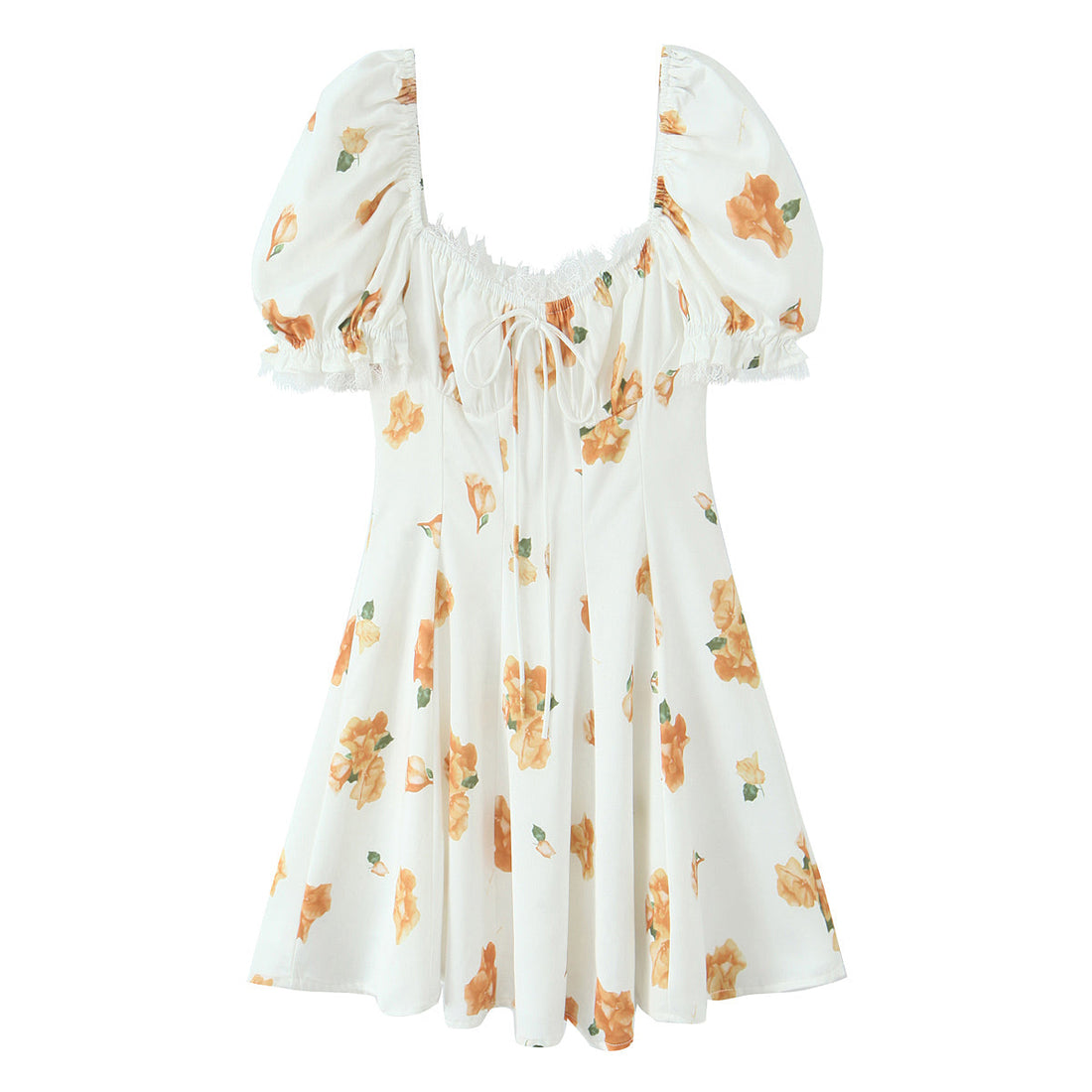 French Sweet Printed Design Puff Sleeve Tube Top Lace Stitching Tied A line Dress Short for Women by Ragazza