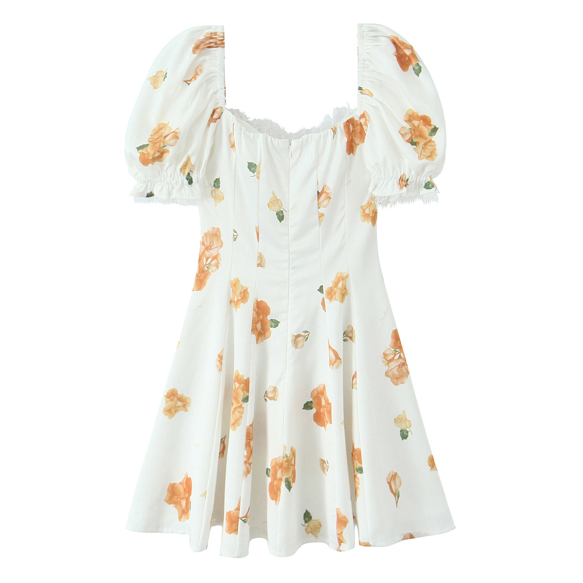 French Sweet Printed Design Puff Sleeve Tube Top Lace Stitching Tied A line Dress Short for Women by Ragazza