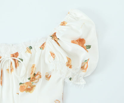 French Sweet Printed Design Puff Sleeve Tube Top Lace Stitching Tied A line Dress Short for Women by Ragazza