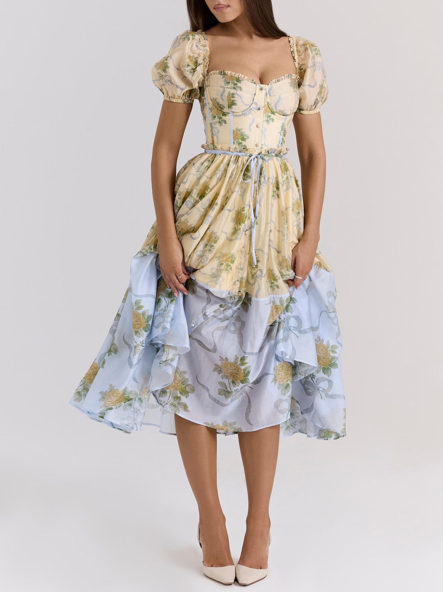 Sweet Printed Chic Puff Sleeve Mid Length Dress Retro Square Collar Vacation Dress