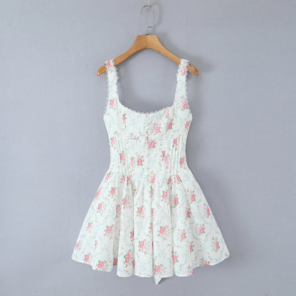 House Same Sweet Rose Print Bowknot Decoration Pleated Lace Waist Slip Dress Women Dress by Ragazza