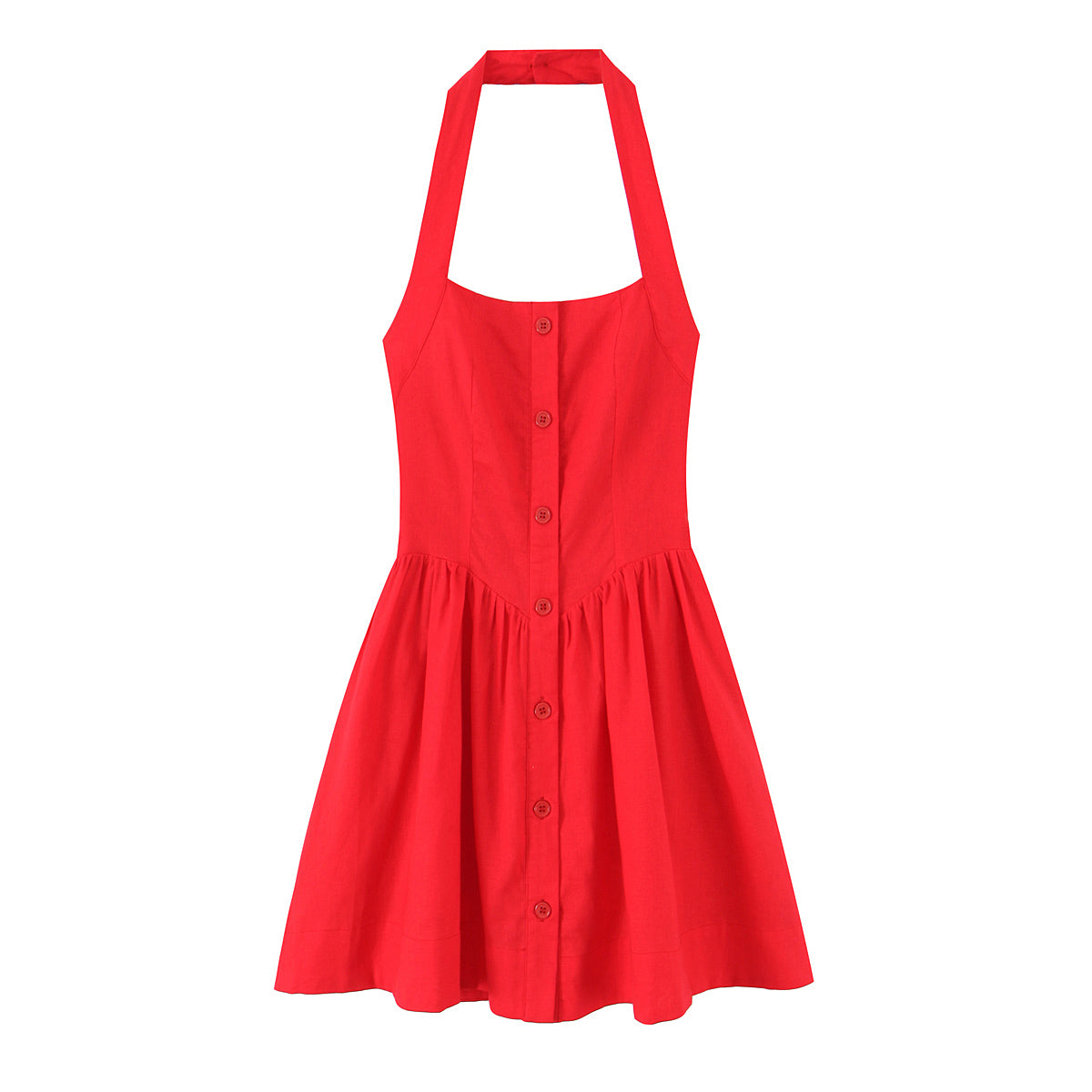 French Slim Fit Retro Red Cotton Linen Halter Large Swing Sexy Low Cut Cinched Slimming Dress by Ragazza
