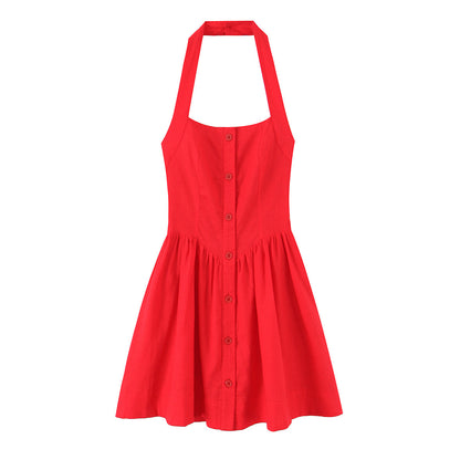 French Slim Fit Retro Red Cotton Linen Halter Large Swing Sexy Low Cut Cinched Slimming Dress by Ragazza