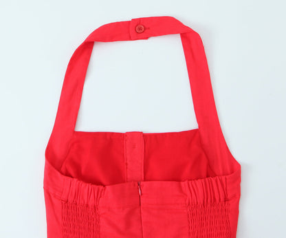 French Slim Fit Retro Red Cotton Linen Halter Large Swing Sexy Low Cut Cinched Slimming Dress by Ragazza
