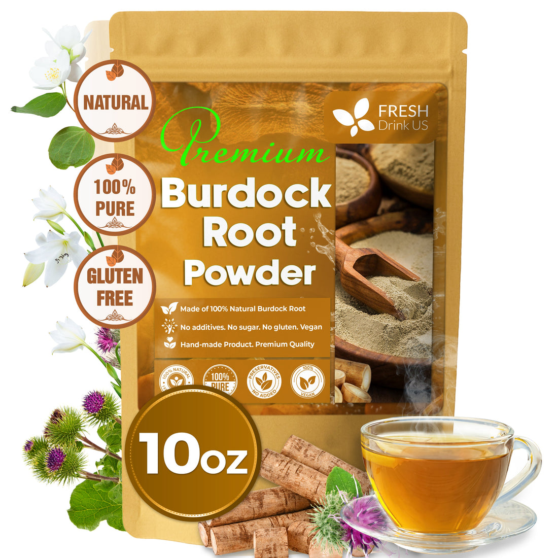 Burdock Root Powder, Burdock Root Extract, 100% Natural &amp; Pure from Burdock Root, Burdock Root Herbal Tea, No Additives, No Caffeine, Vegan by FreshDrinkUS - Natural and Premium Herbal Tea