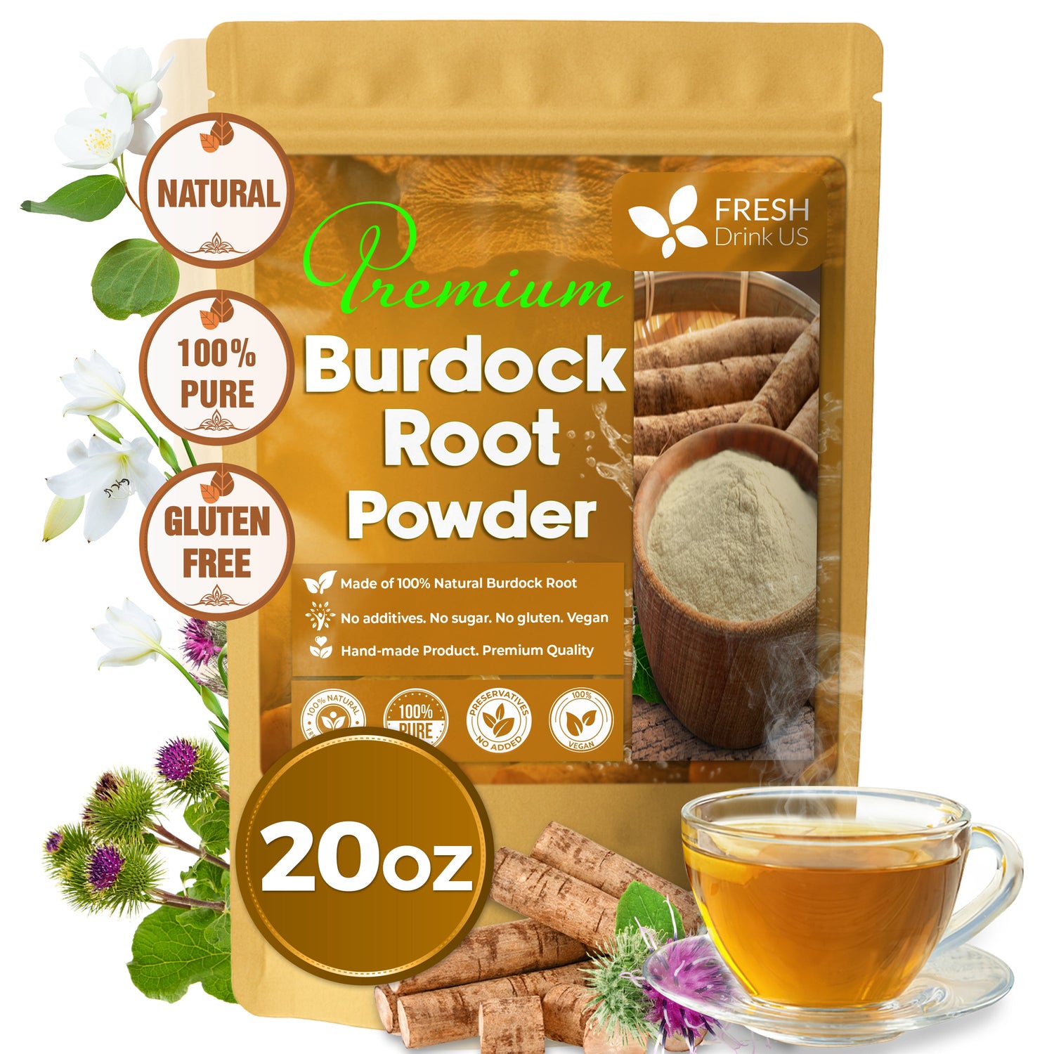 Burdock Root Powder, Burdock Root Extract, 100% Natural &amp; Pure from Burdock Root, Burdock Root Herbal Tea, No Additives, No Caffeine, Vegan by FreshDrinkUS - Natural and Premium Herbal Tea