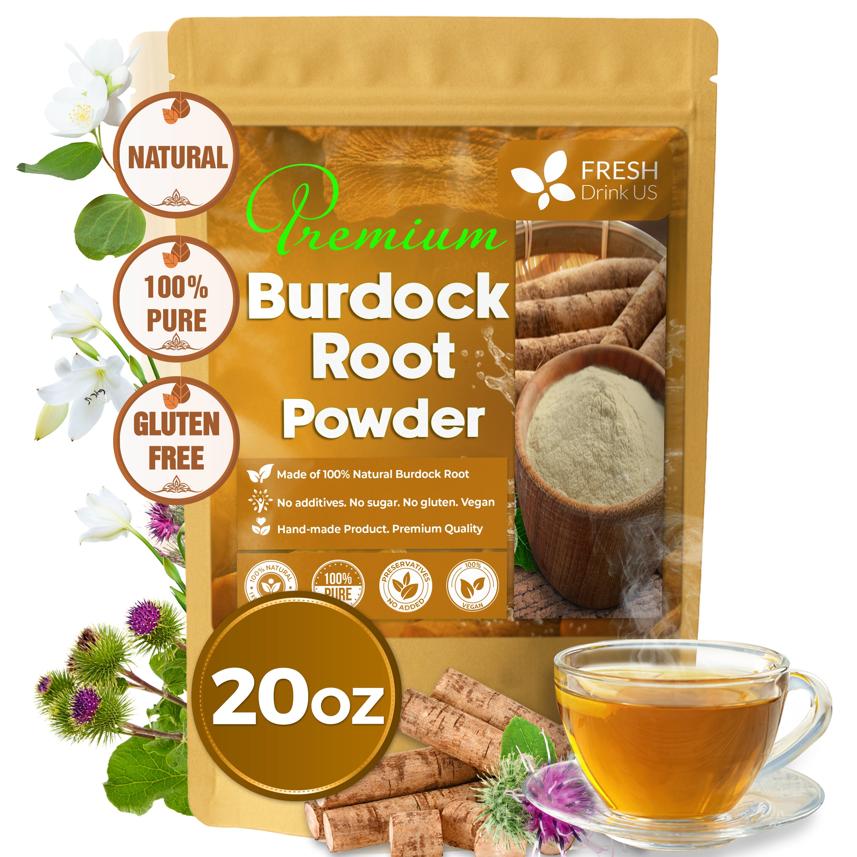 Burdock Root Powder, Burdock Root Extract, 100% Natural &amp; Pure from Burdock Root, Burdock Root Herbal Tea, No Additives, No Caffeine, Vegan by FreshDrinkUS - Natural and Premium Herbal Tea