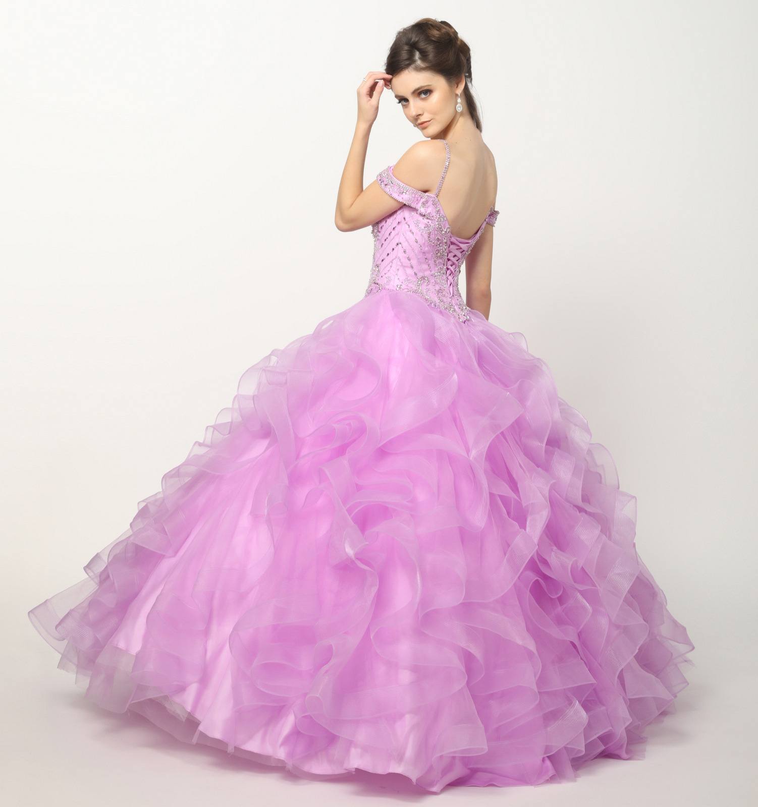Juliet 1421 Cinderella Ball Gown Ruffled Tulle Cold Shoulder Embroidered Bodice by DiscountDressShop