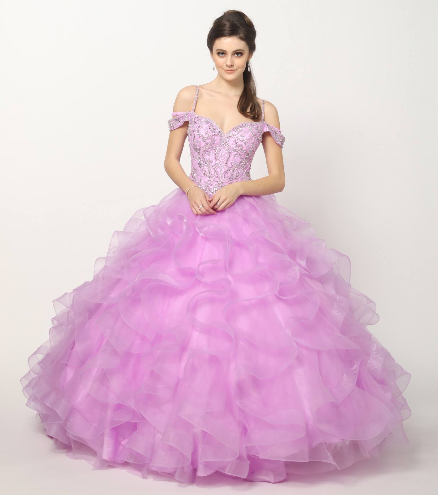 Juliet 1421 Cinderella Ball Gown Ruffled Tulle Cold Shoulder Embroidered Bodice by DiscountDressShop