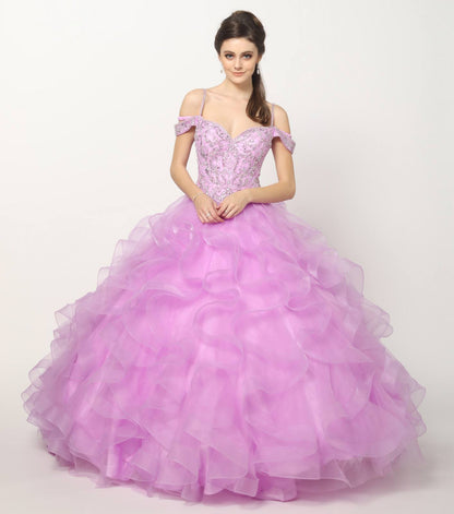 Juliet 1421 Cinderella Ball Gown Ruffled Tulle Cold Shoulder Embroidered Bodice by DiscountDressShop