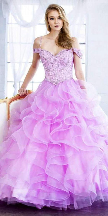 Juliet 1421 Cinderella Ball Gown Ruffled Tulle Cold Shoulder Embroidered Bodice by DiscountDressShop