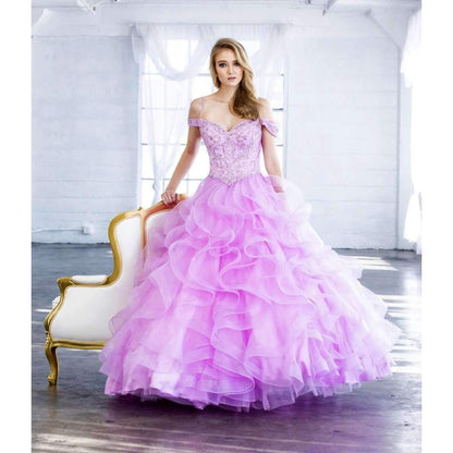 Juliet 1421 Cinderella Ball Gown Ruffled Tulle Cold Shoulder Embroidered Bodice by DiscountDressShop