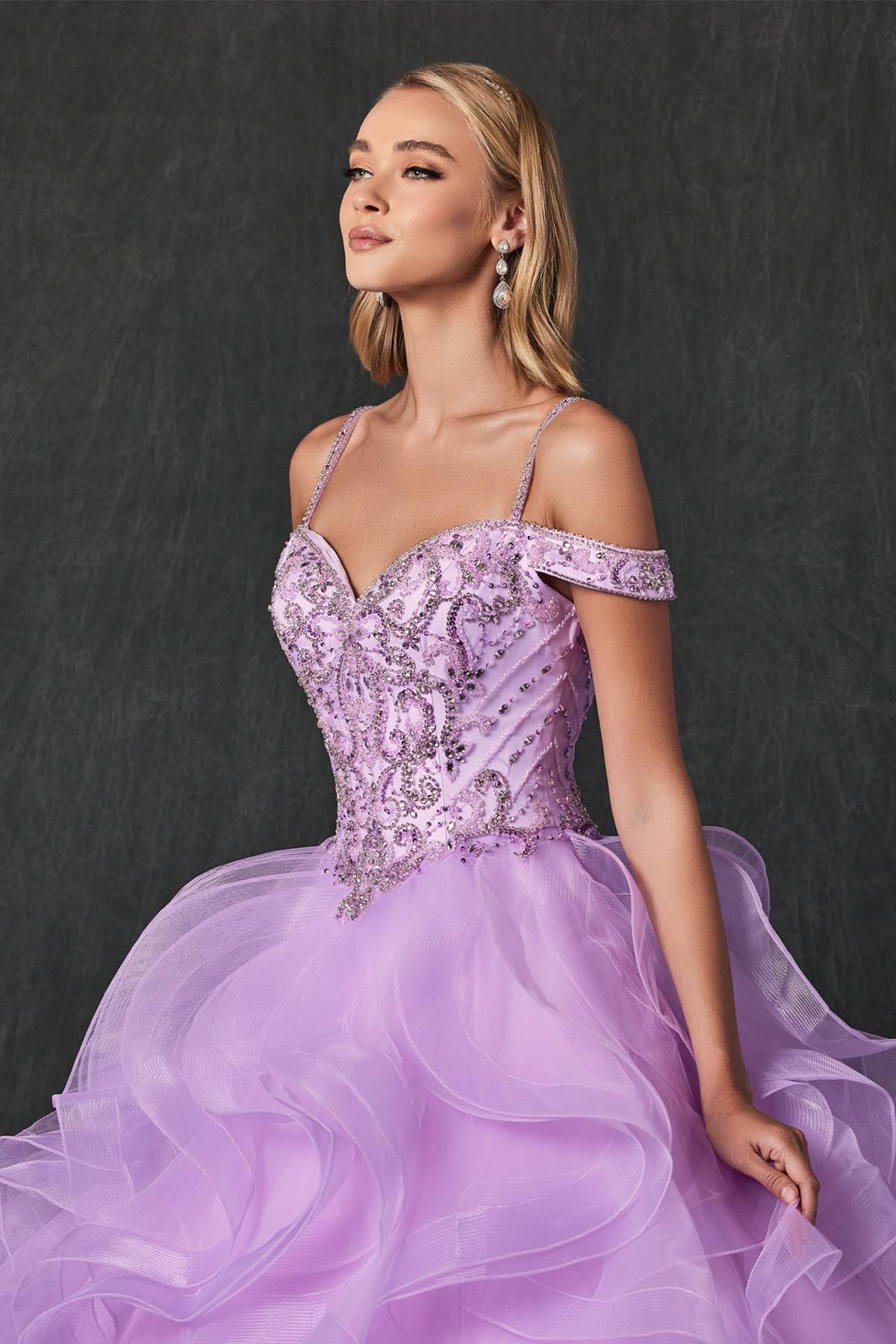 Juliet 1421 Cinderella Ball Gown Ruffled Tulle Cold Shoulder Embroidered Bodice by DiscountDressShop