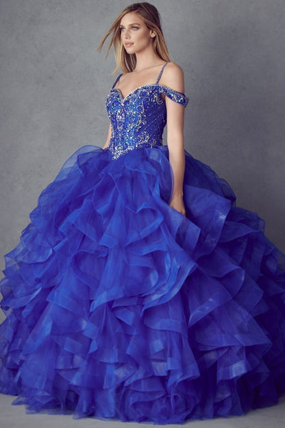 Juliet 1421 Cinderella Ball Gown Ruffled Tulle Cold Shoulder Embroidered Bodice by DiscountDressShop