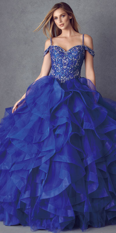 Juliet 1421 Cinderella Ball Gown Ruffled Tulle Cold Shoulder Embroidered Bodice by DiscountDressShop