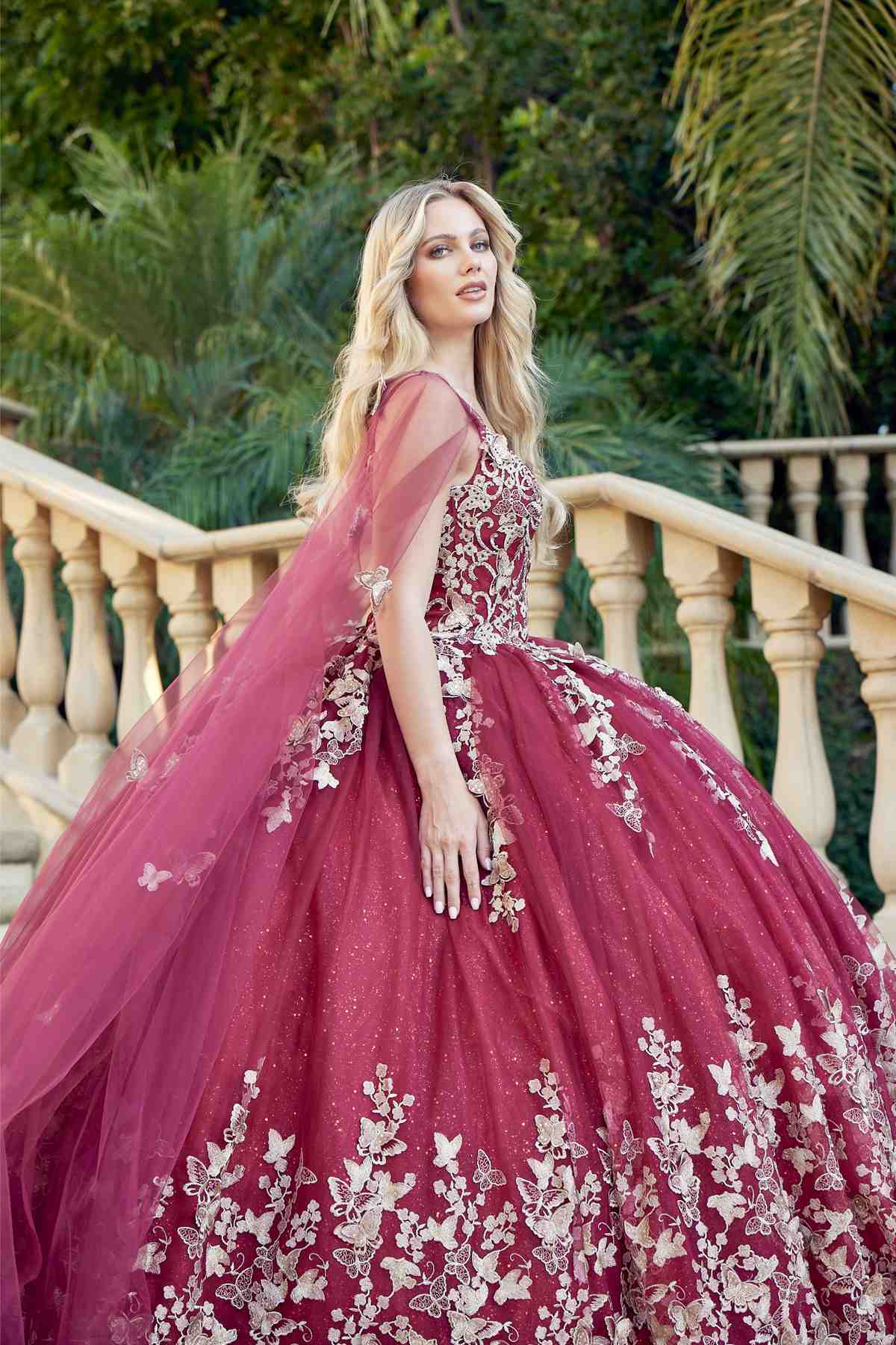 Juliet 1442 Long 3D Butterfly Appliques Strapless Bodice Cape Quinceanera Dress by DiscountDressShop