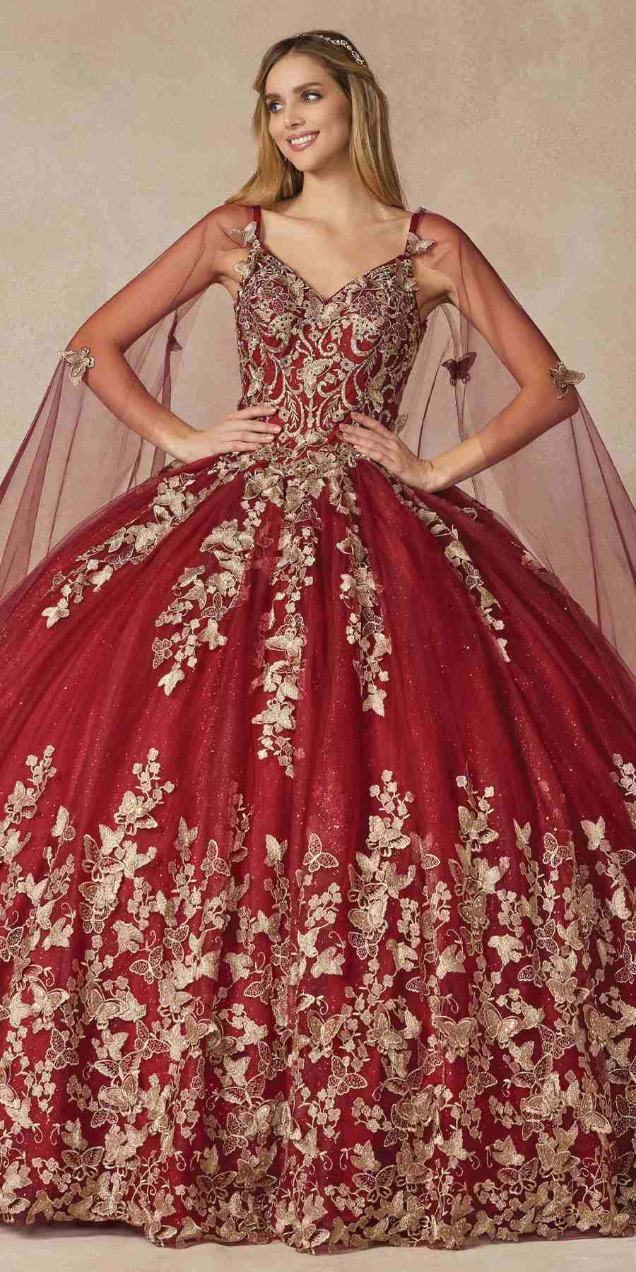 Juliet 1442 Long 3D Butterfly Appliques Strapless Bodice Cape Quinceanera Dress by DiscountDressShop