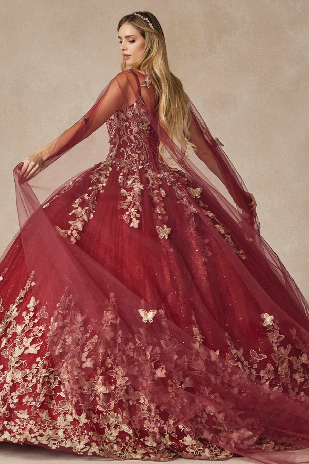 Juliet 1442 Long 3D Butterfly Appliques Strapless Bodice Cape Quinceanera Dress by DiscountDressShop
