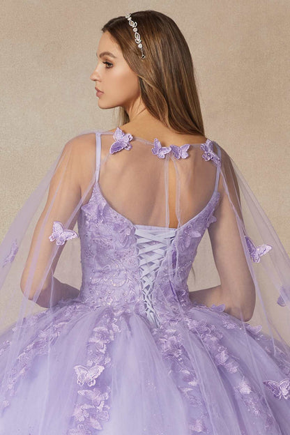 Juliet 1442 Long 3D Butterfly Appliques Strapless Bodice Cape Quinceanera Dress by DiscountDressShop