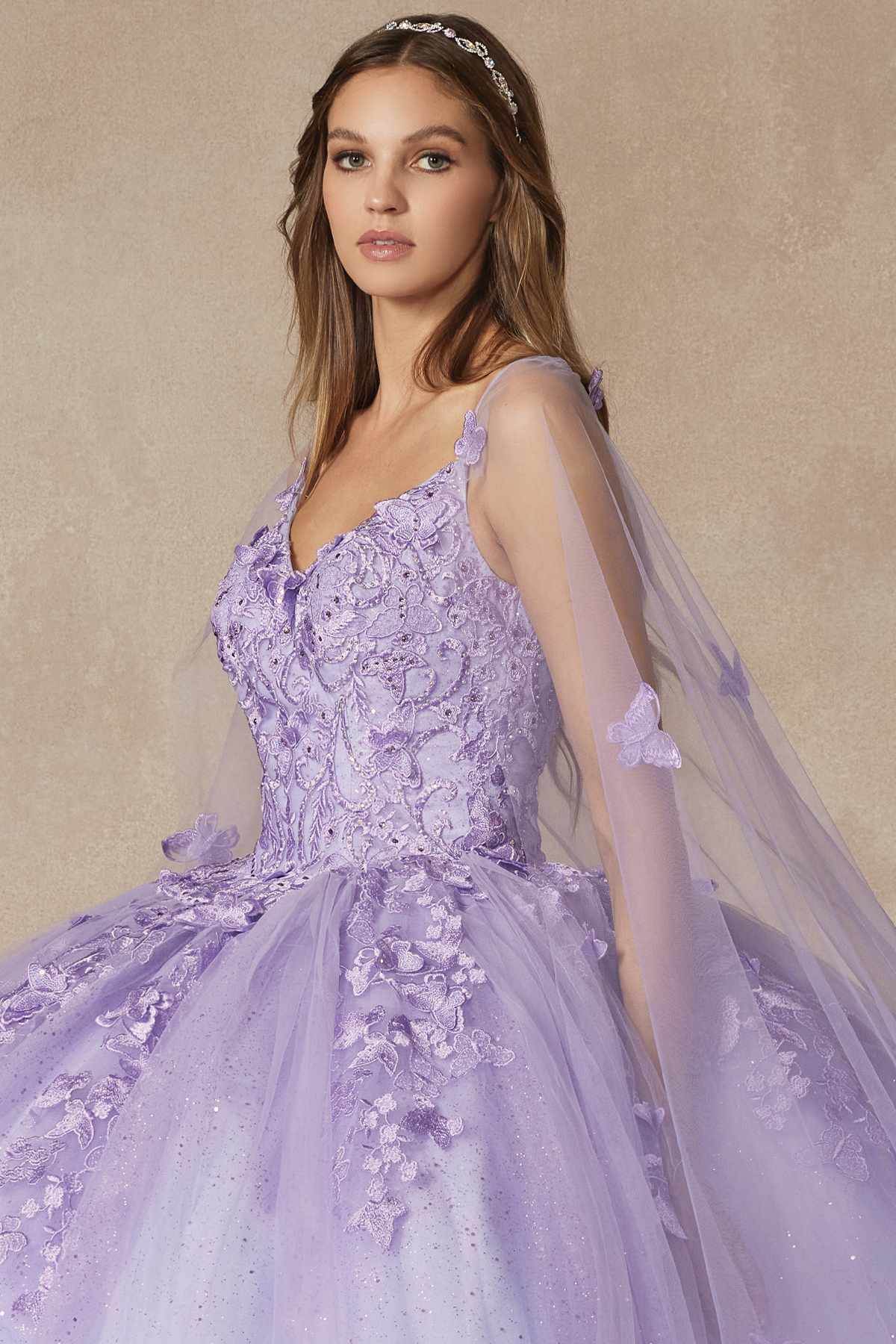 Juliet 1442 Long 3D Butterfly Appliques Strapless Bodice Cape Quinceanera Dress by DiscountDressShop