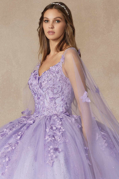 Juliet 1442 Long 3D Butterfly Appliques Strapless Bodice Cape Quinceanera Dress by DiscountDressShop