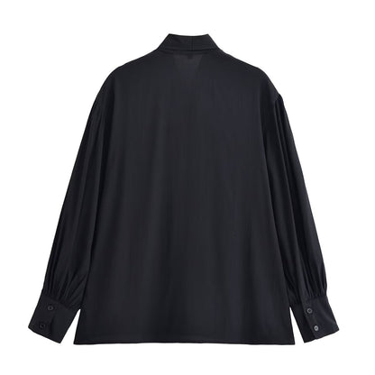 Women Clothing Winter Shirt Loose Bow Decoration Drape Shirt