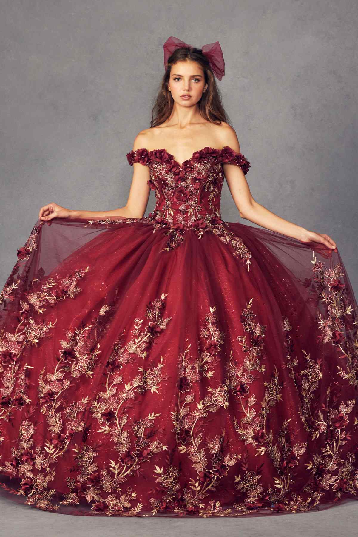 Juliet 1447 Long 3D Floral Appliques Off Shoulder Poofy Ball Gown by DiscountDressShop