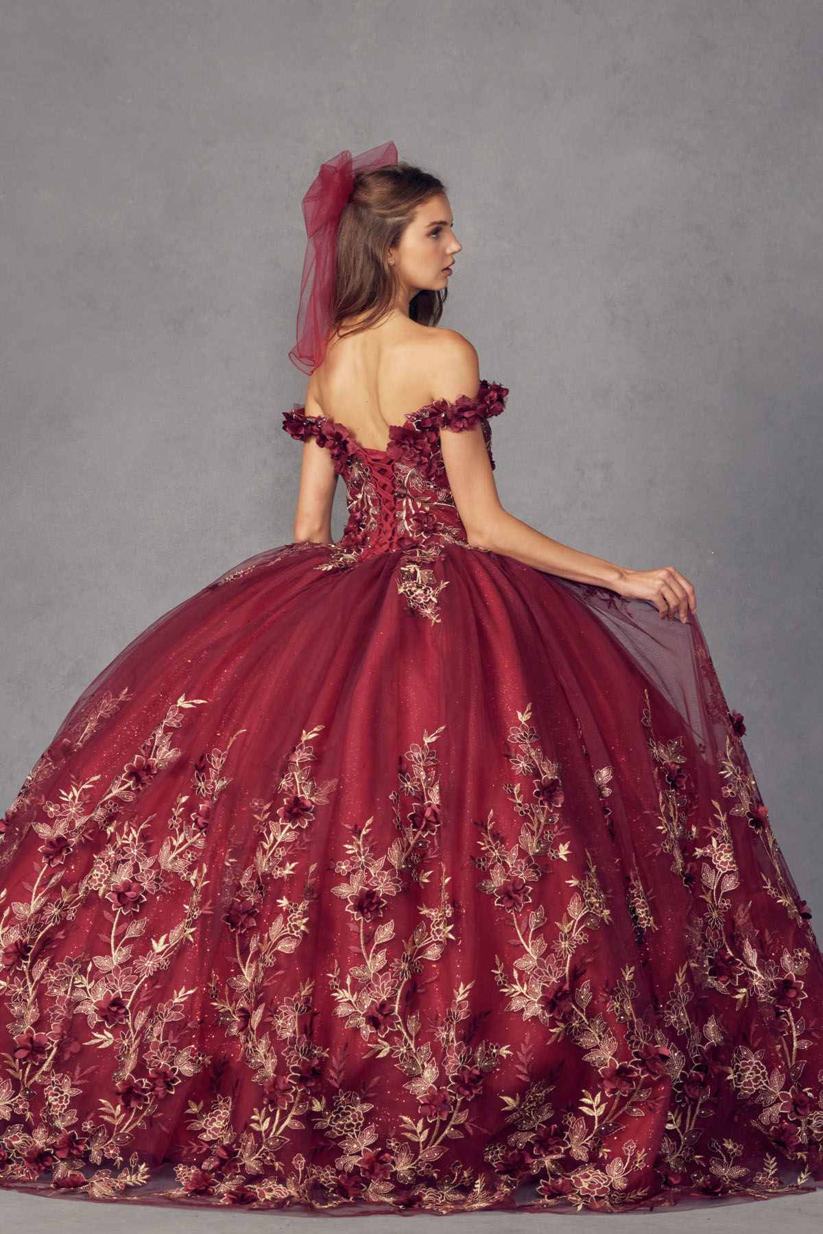 Juliet 1447 Long 3D Floral Appliques Off Shoulder Poofy Ball Gown by DiscountDressShop