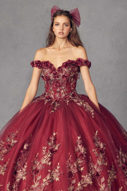 Juliet 1447 Long 3D Floral Appliques Off Shoulder Poofy Ball Gown by DiscountDressShop