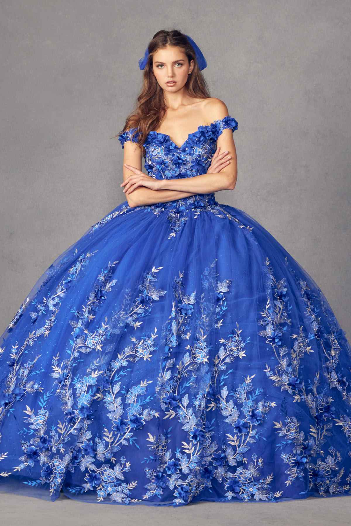 Juliet 1447 Long 3D Floral Appliques Off Shoulder Poofy Ball Gown by DiscountDressShop