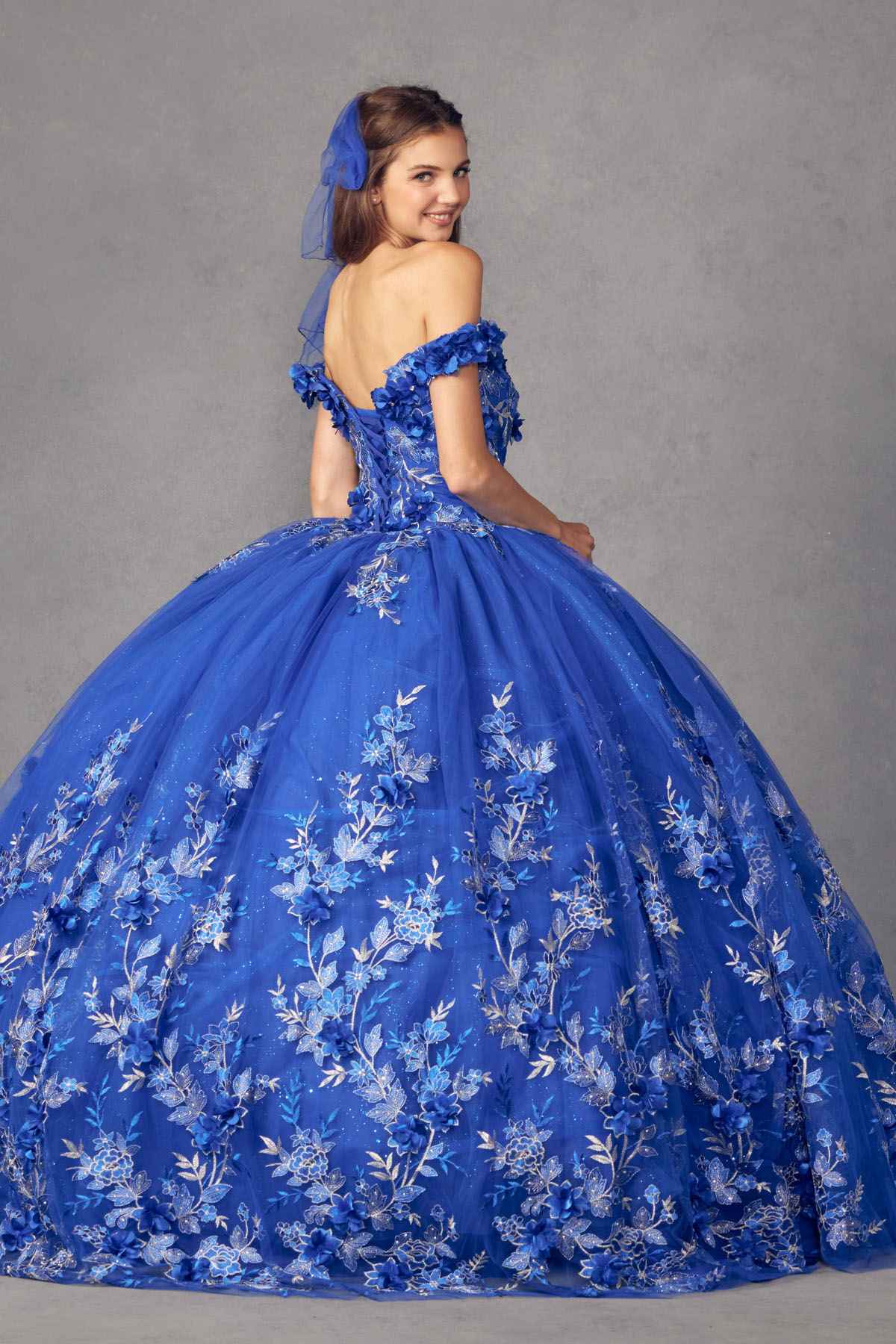 Juliet 1447 Long 3D Floral Appliques Off Shoulder Poofy Ball Gown by DiscountDressShop