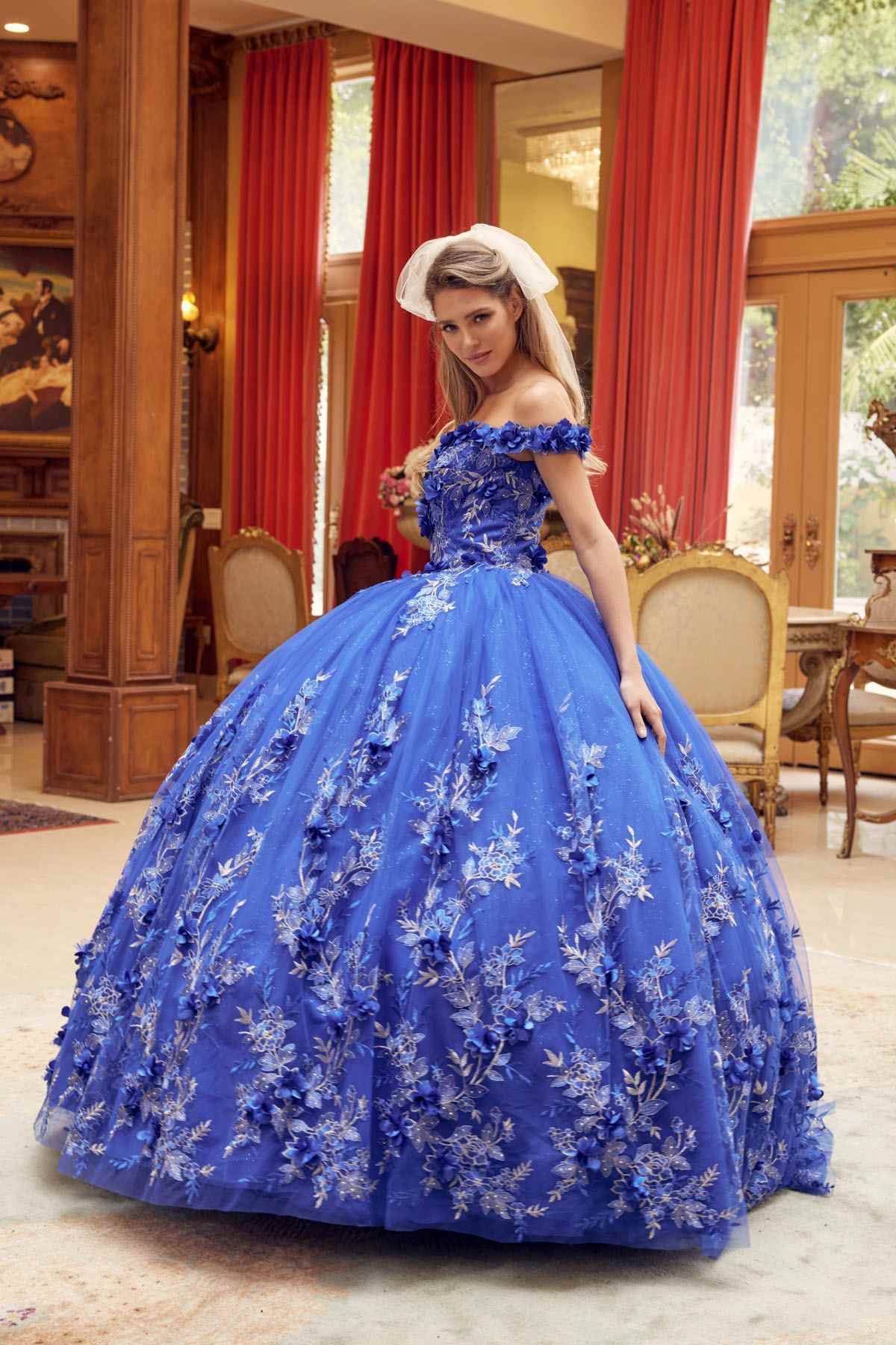 Juliet 1447 Long 3D Floral Appliques Off Shoulder Poofy Ball Gown by DiscountDressShop