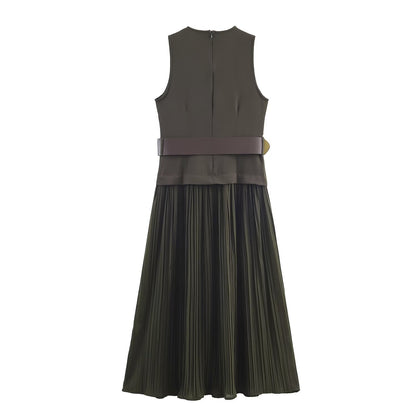 Women Clothing with Belt Stitching Midi Dress
