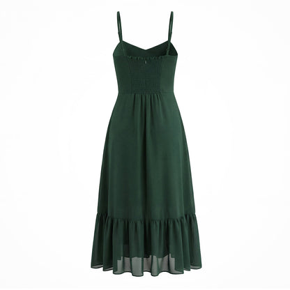 French Waist Tight Green Suspenders Dress for Women Slim Fit Ruffled Retro Slim Fit Holiday Chiffon Maxi Dress by Ragazza
