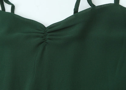 French Waist Tight Green Suspenders Dress for Women Slim Fit Ruffled Retro Slim Fit Holiday Chiffon Maxi Dress by Ragazza