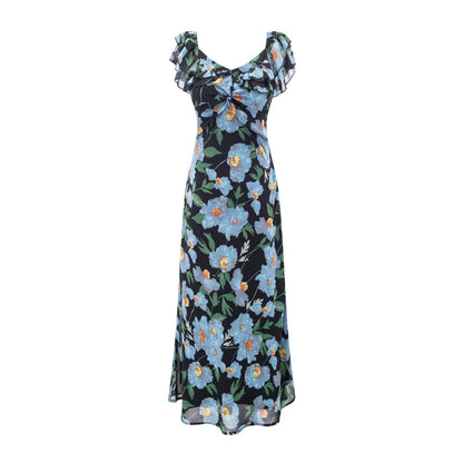 Summer Pastoral Fresh Beautiful Vacation Flying Sleeves Printed Waist Controlled Dress