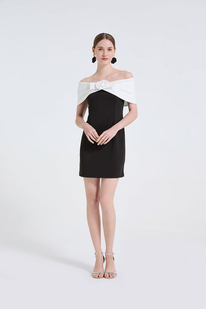 Black And White Contrast One Shoulder Dress With Three Dimensional Floral Decoration Off The Shoulder Figure Hugging And Elegant