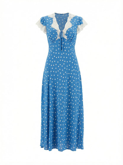 Autumn Women Elegant V Collar Polka Dot Lace Stitching Dress