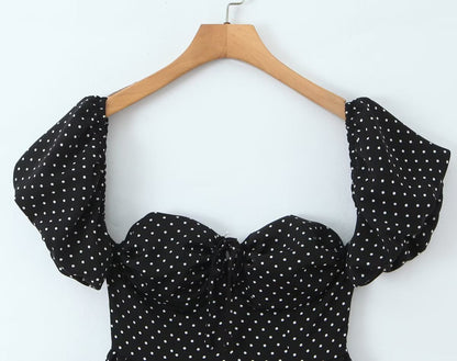 French Flying Sleeve Polka Dot Dress Women Retro Sexy off Shoulder Tube Top Lace up Waist A line Skirt