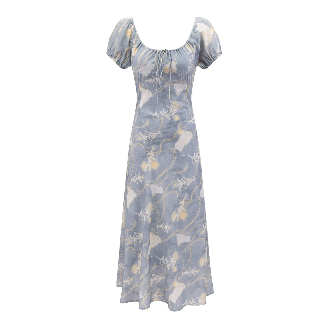 Early Spring Holiday Casual Cool Square Collar Puff Sleeve Printed Waist Controlled Dress