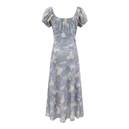 Early Spring Holiday Casual Cool Square Collar Puff Sleeve Printed Waist Controlled Dress