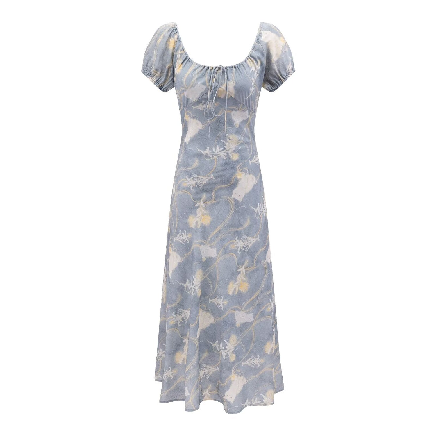 Early Spring Holiday Casual Cool Square Collar Puff Sleeve Printed Waist Controlled Dress