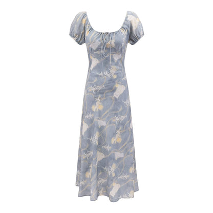 Early Spring Holiday Casual Cool Square Collar Puff Sleeve Printed Waist Controlled Dress